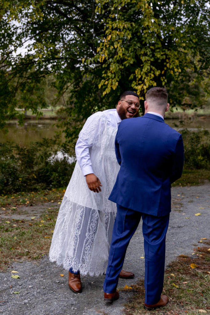 fake first look with a groomsmen at bellevue state park