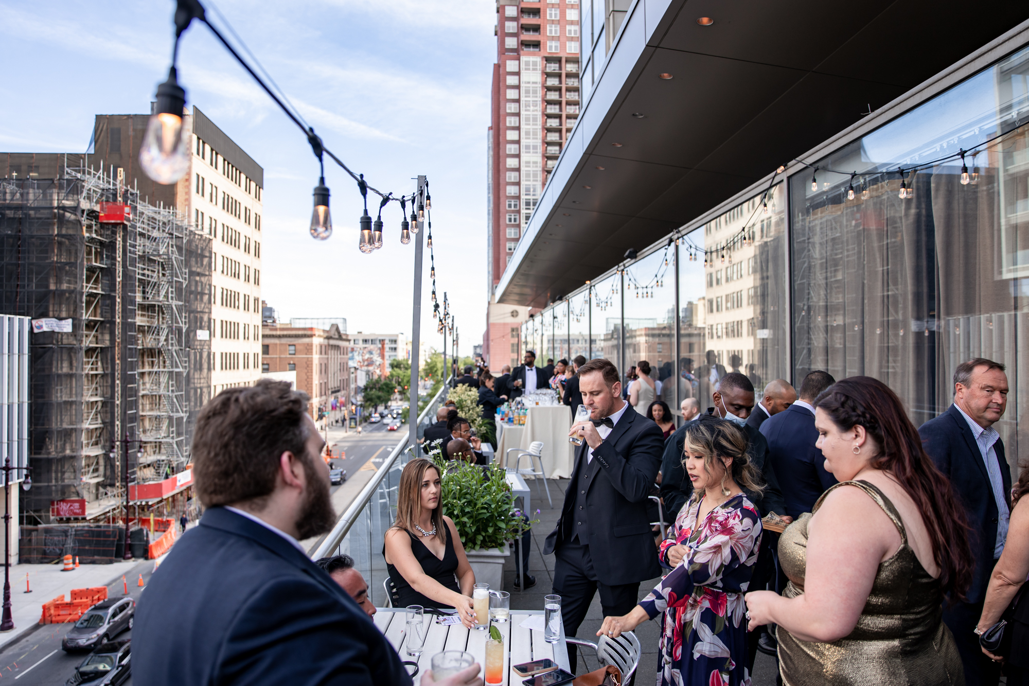 cocktail hour on the balcony at a kimmel center wedding