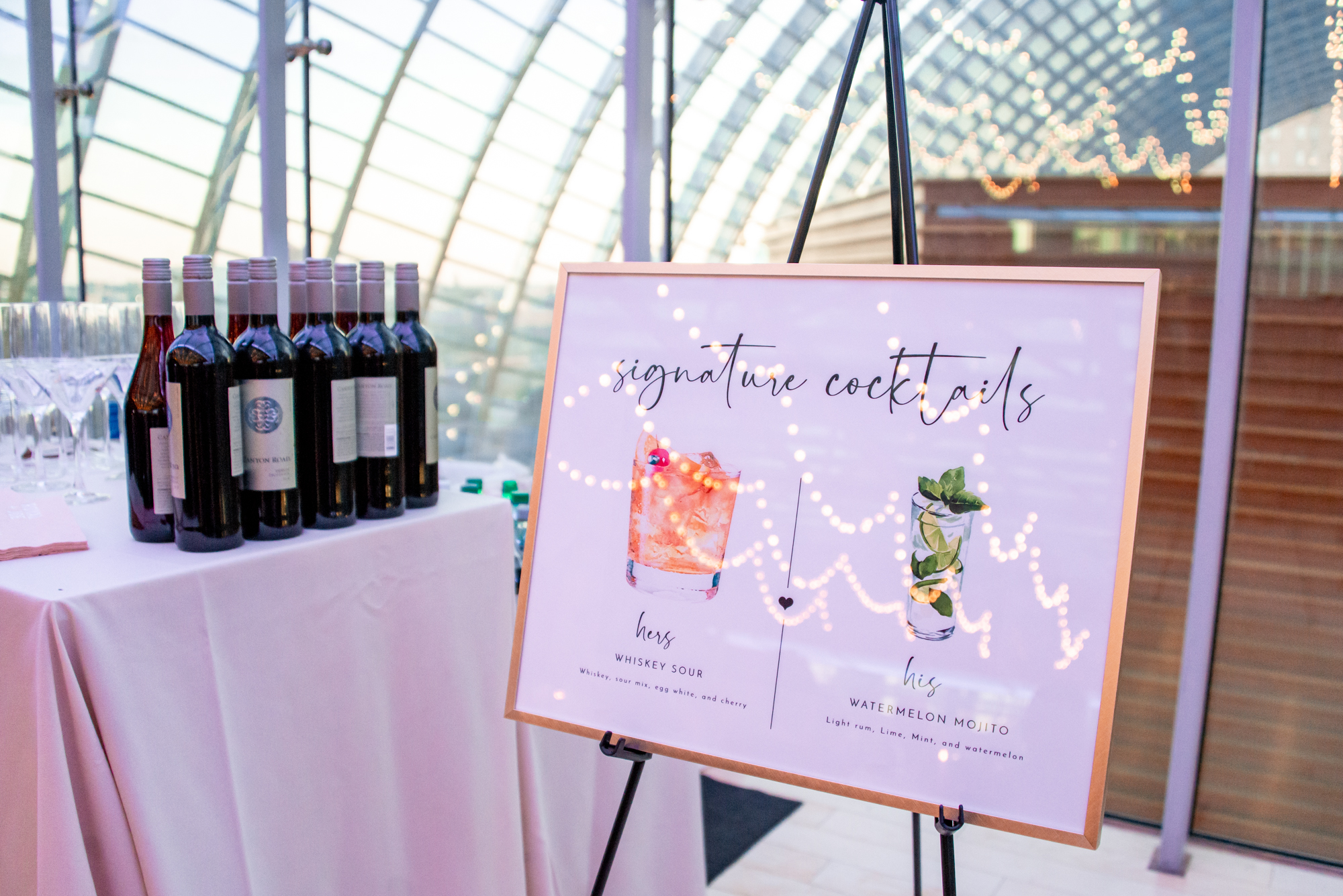 custom signature cocktail sign at a kimmel center wedding reception