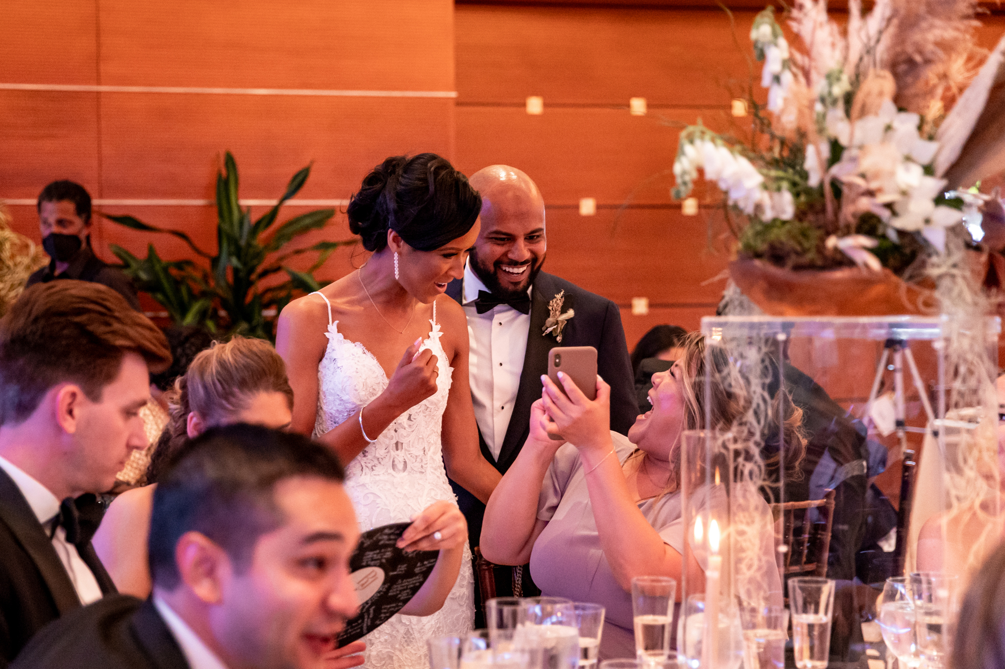 bride and groom chatting with guests at a kimmel center wedding reception