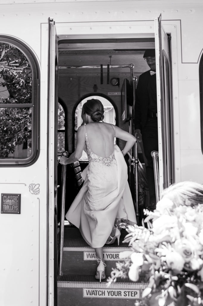 bride entering the wedding trolley