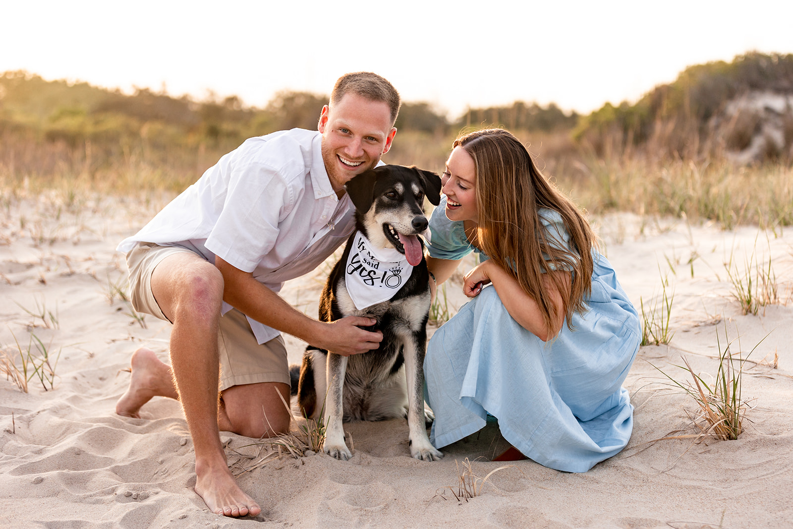sunset beach proposal with dog and bandana: my mommy said yes!